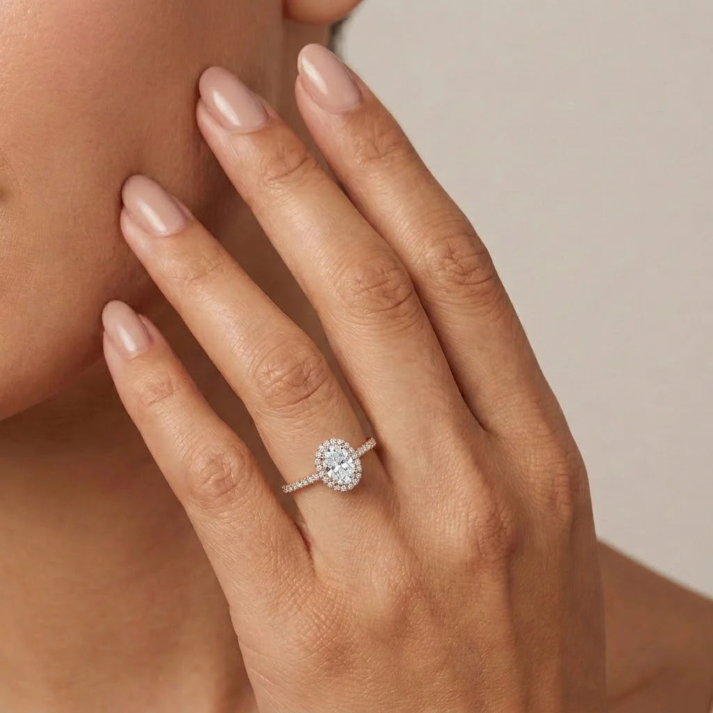 Oval Cut Halo Diamond Accent Solitaire Engagement Ring