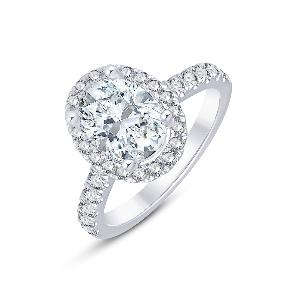 Oval Cut Halo Diamond Accent Solitaire Engagement Ring