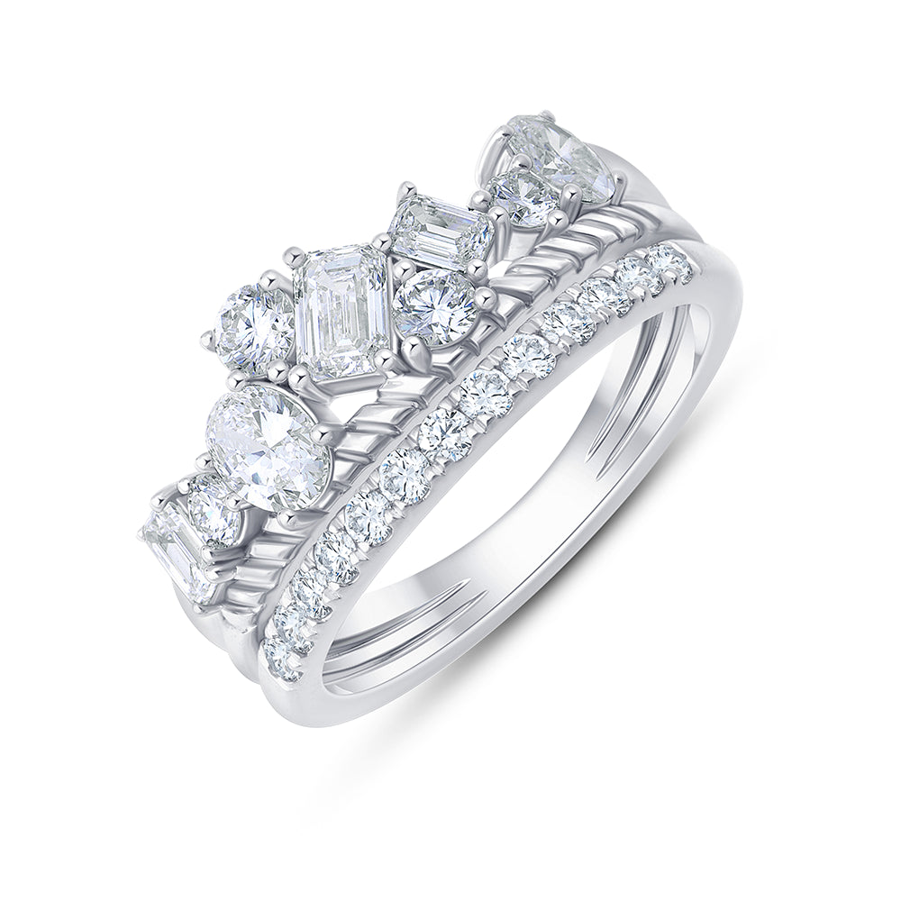 Mixed Cut Triple Row Diamond Statement Ring