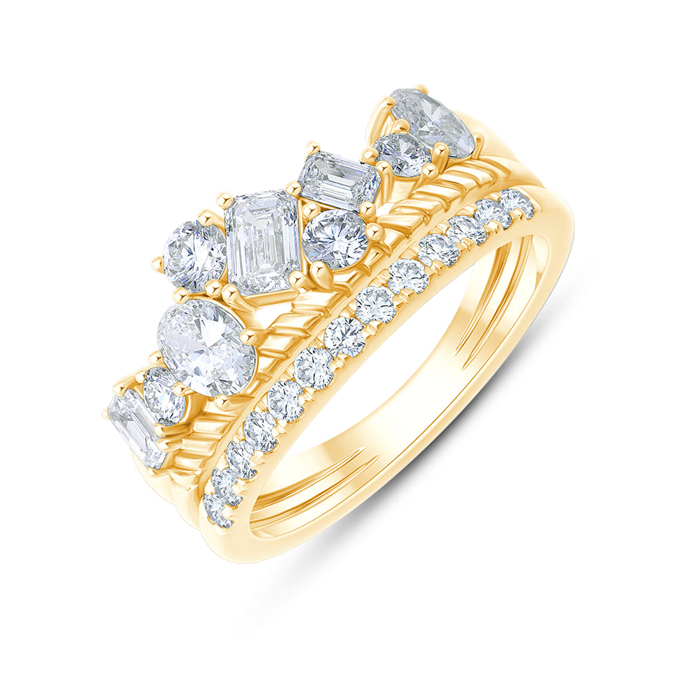 Mixed Cut Triple Row Diamond Statement Ring