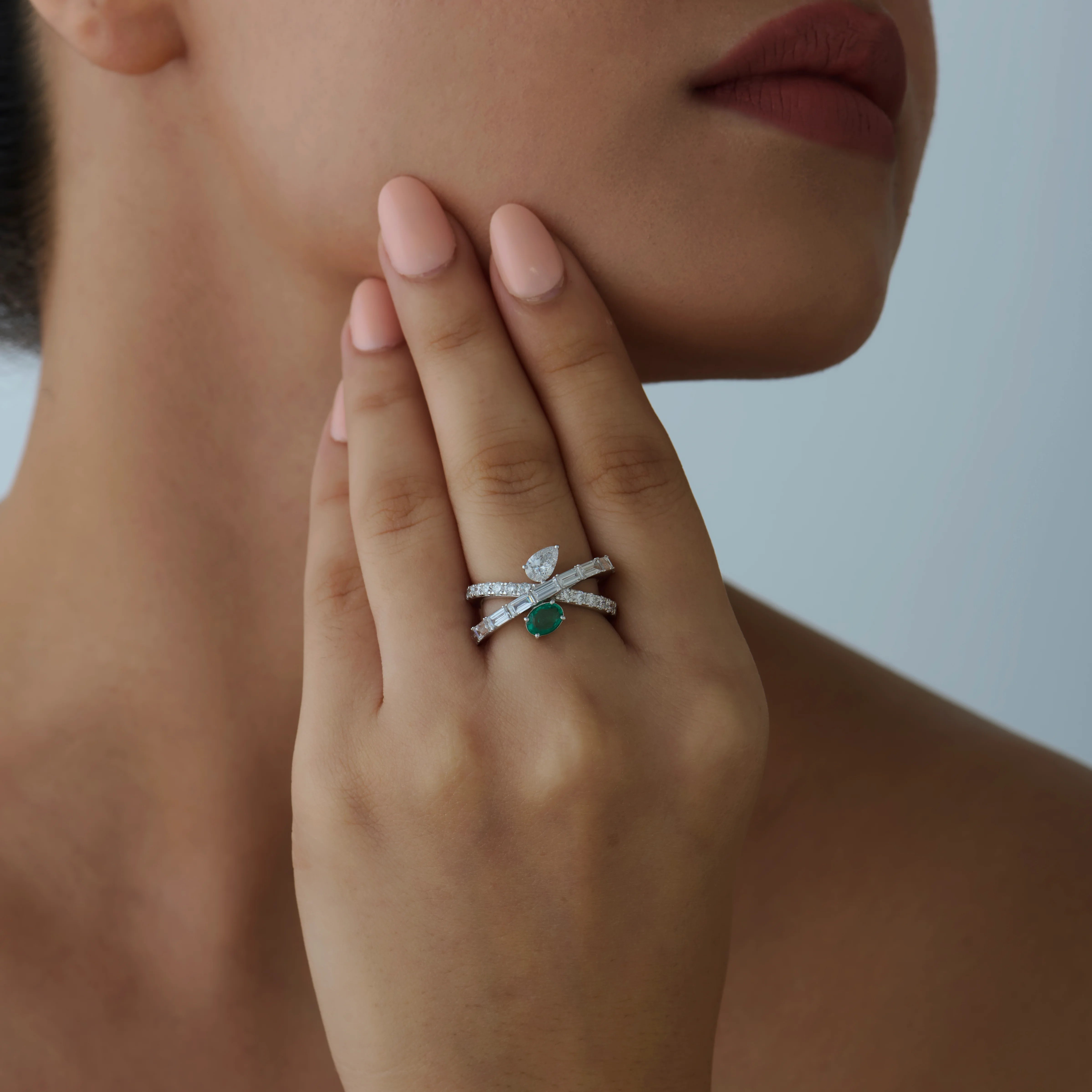 SemiPrecious Emerald Pear Cut Crossover Ring