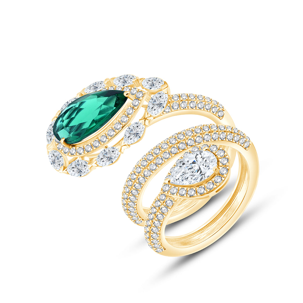 Pear Cut Semi-Precious Emerald & Diamond Wrap Ring