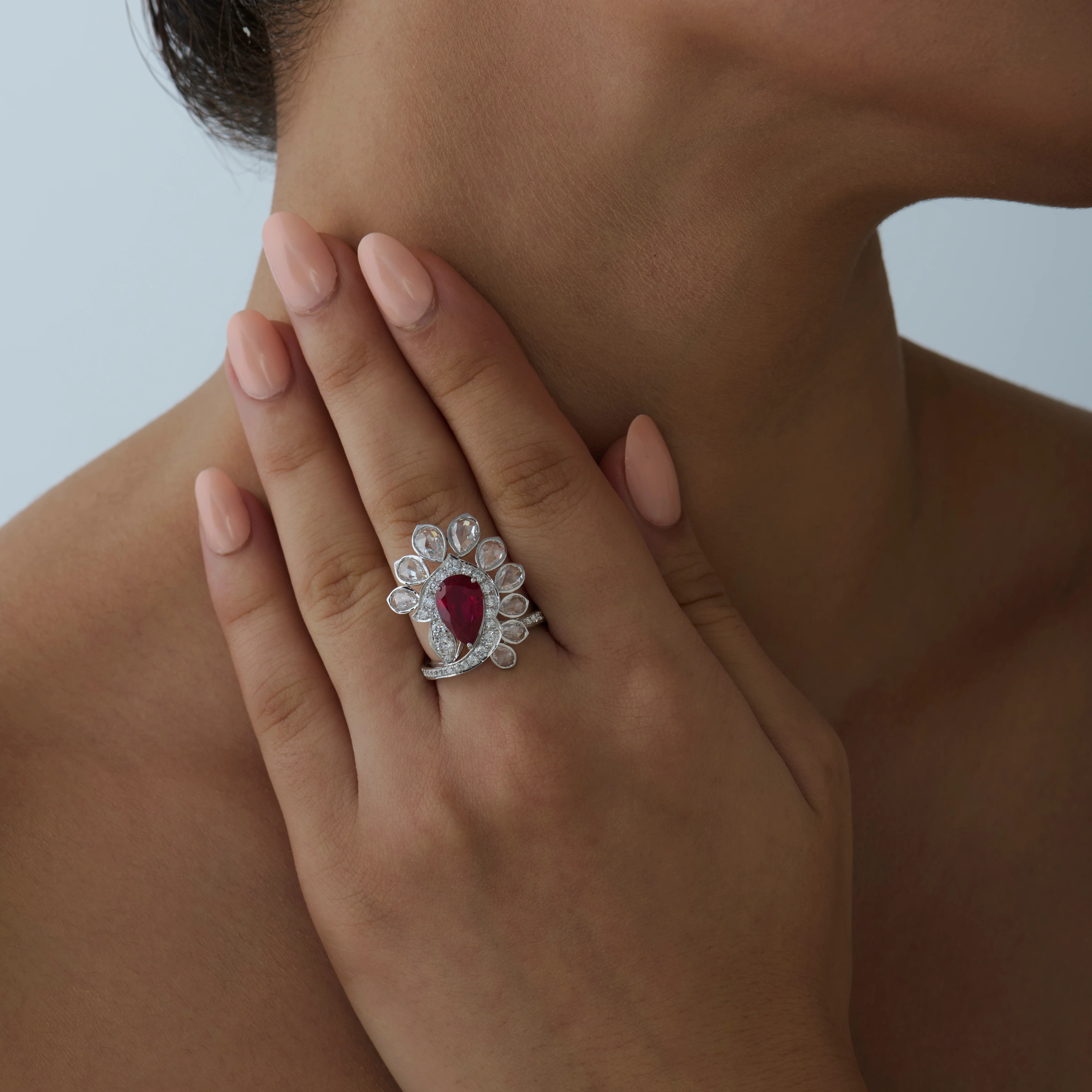 Pear Cut Ruby Floral Cocktail Ring