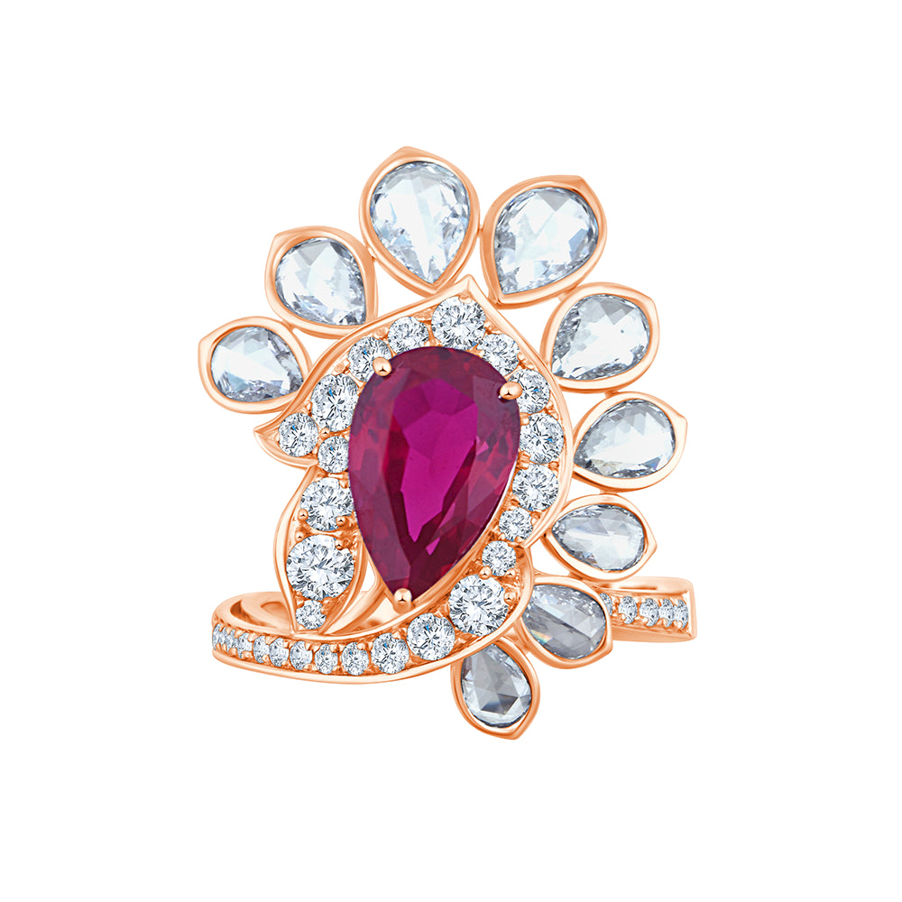 Pear Cut Ruby Floral Cocktail Ring