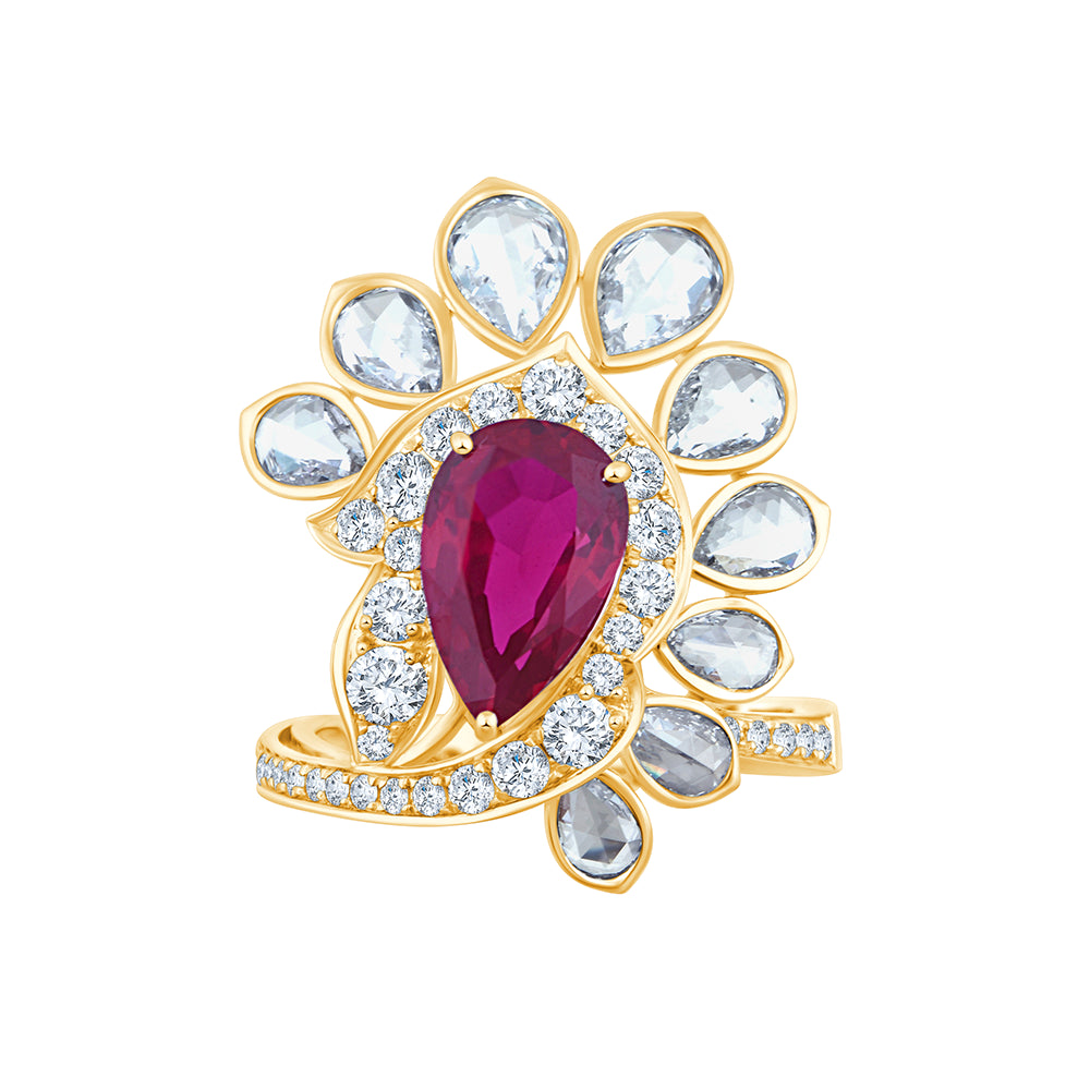 Pear Cut Ruby Floral Cocktail Ring