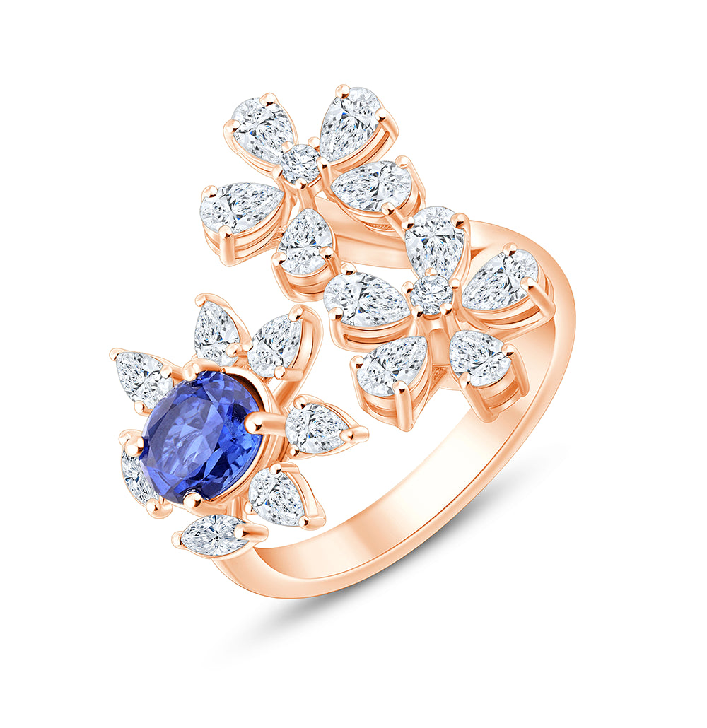 Pear Cut Floral Sapphire Open Ring