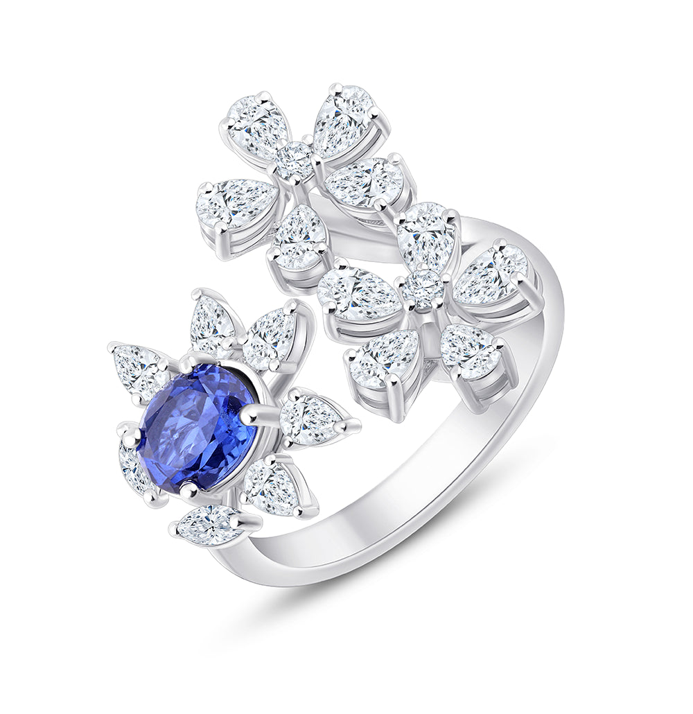 Pear Cut Floral Sapphire Open Ring