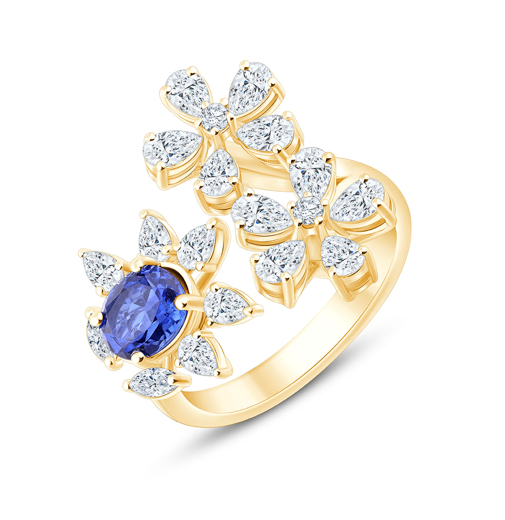 Pear Cut Floral Sapphire Open Ring