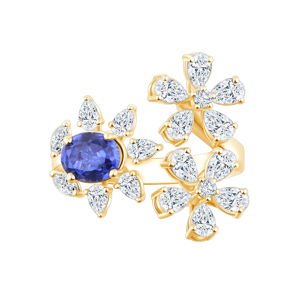 Pear Cut Floral Sapphire Open Ring