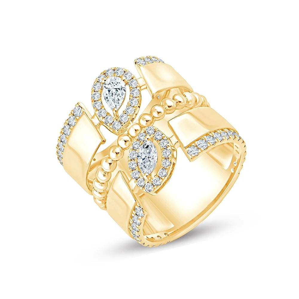 Mixed Cut Beaded Crisscross Ring