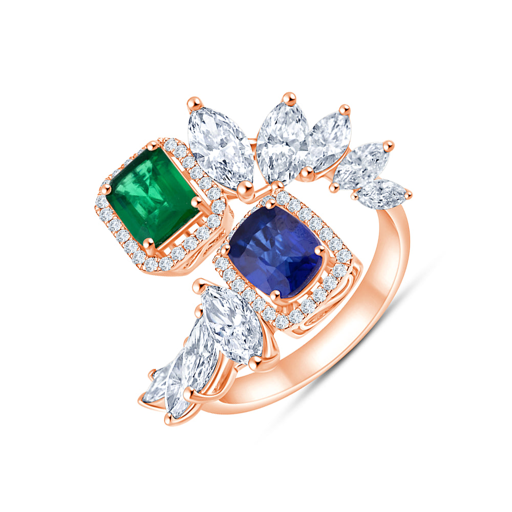 Emerald Sapphire Floral Open Ring