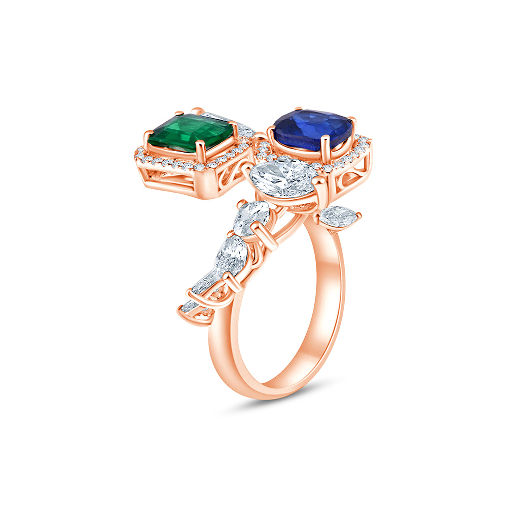 Emerald Sapphire Floral Open Ring