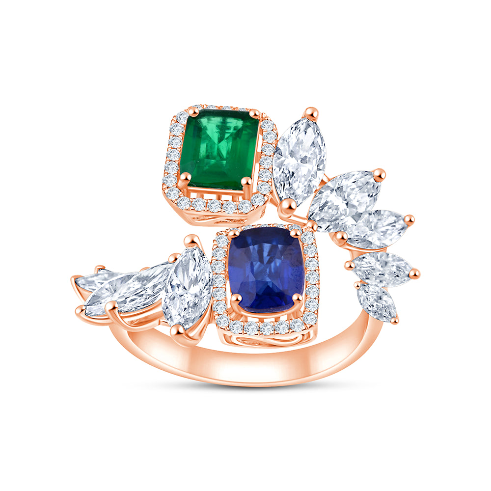 Emerald Sapphire Floral Open Ring