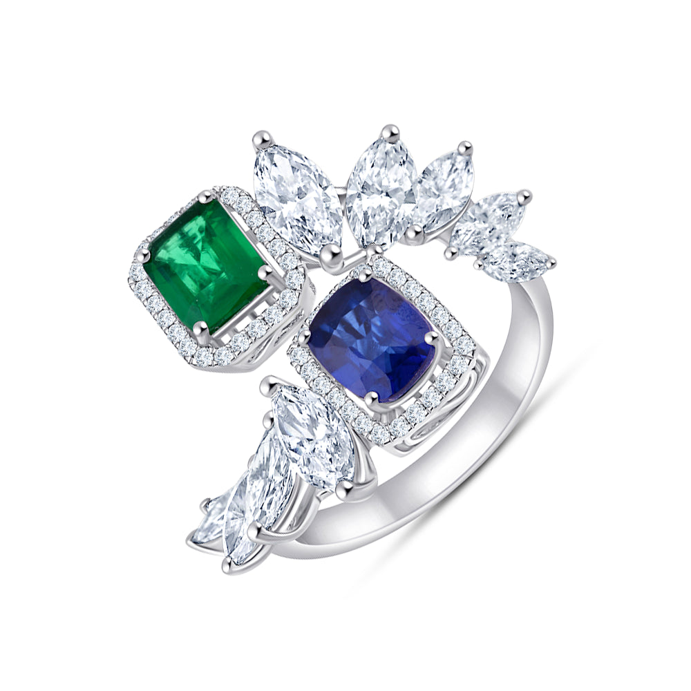Emerald Sapphire Floral Open Ring