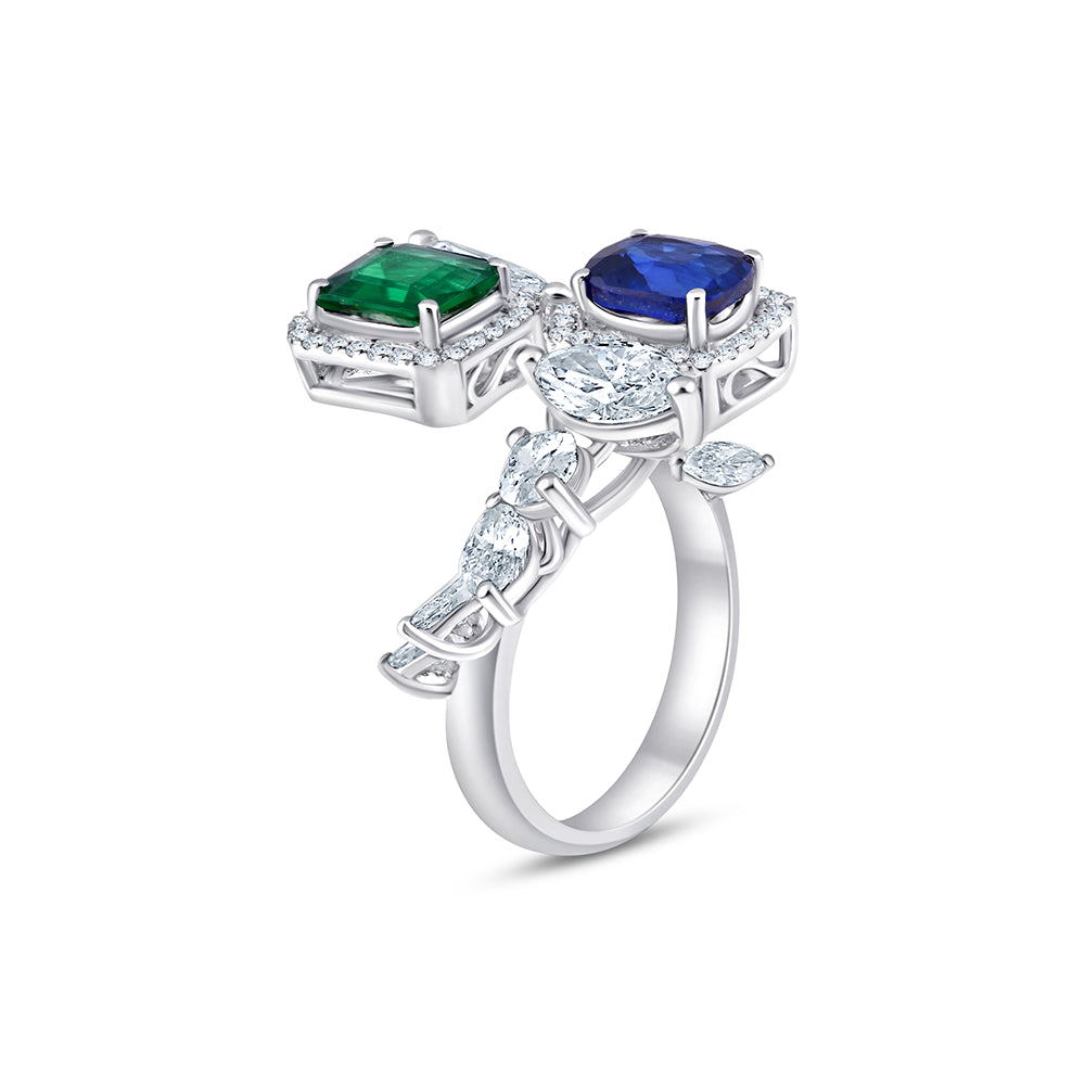 Emerald Sapphire Floral Open Ring