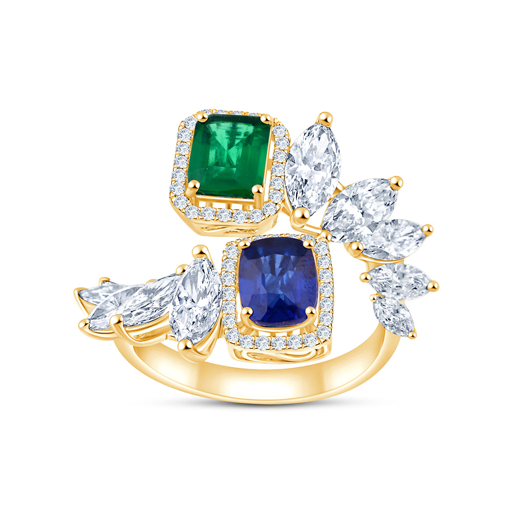 Emerald Sapphire Floral Open Ring