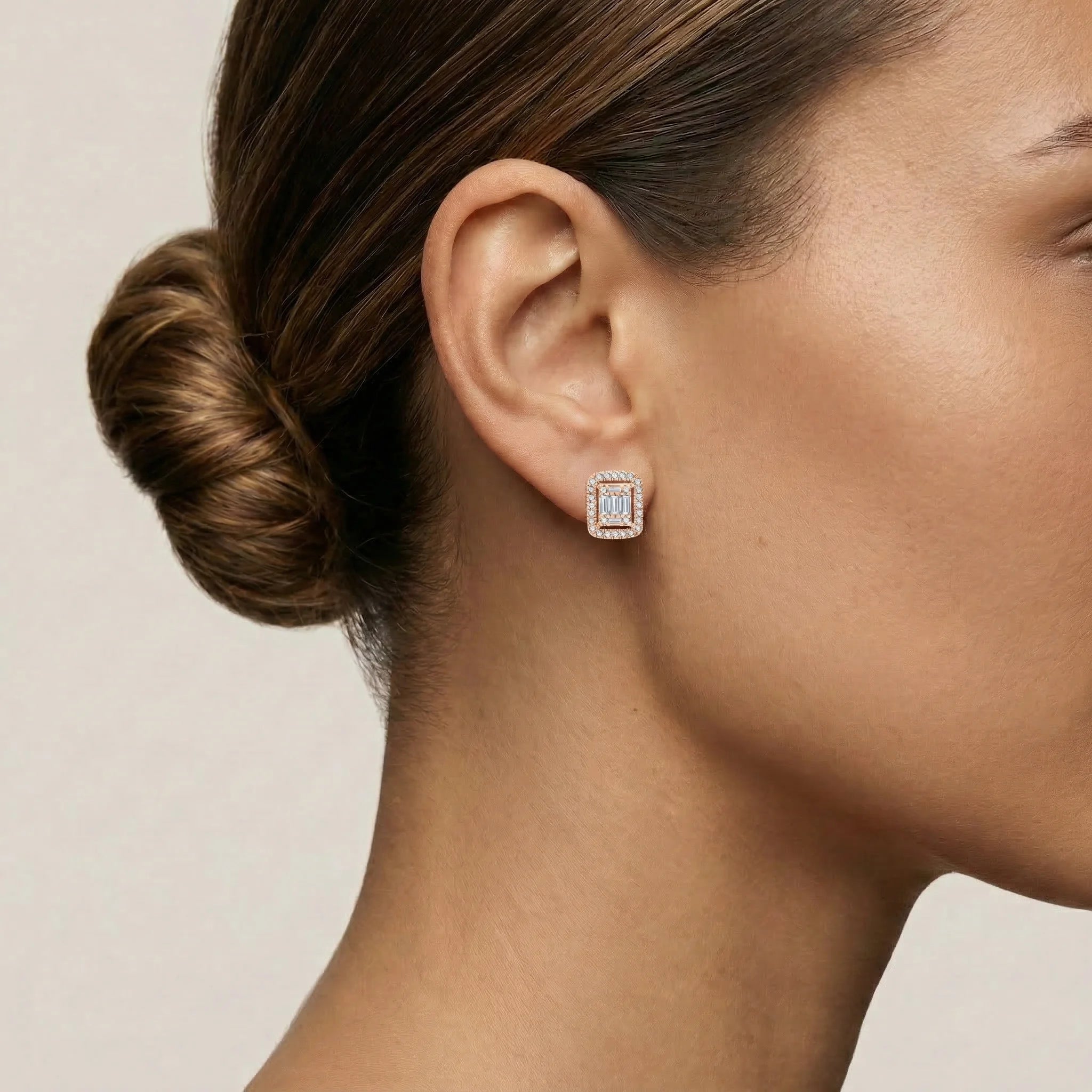 Baguette Cut Halo Stud Earrings