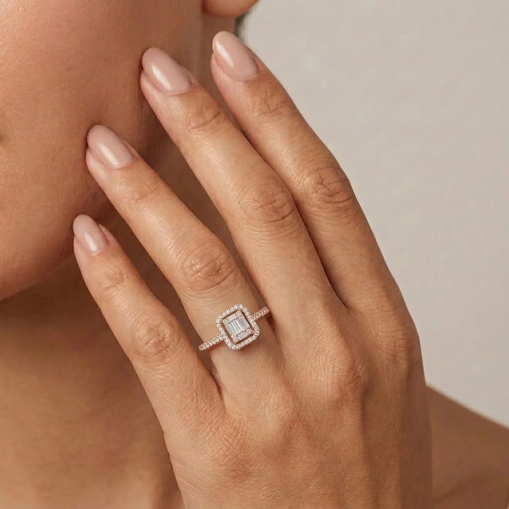 Baguette Cut Accented Halo Ring