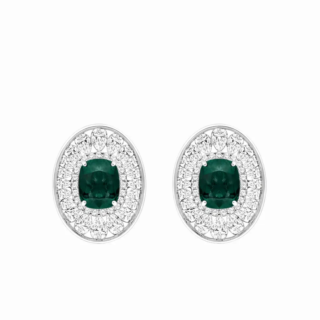 Semi-Precious Emerald Double Halo Stud Earrings