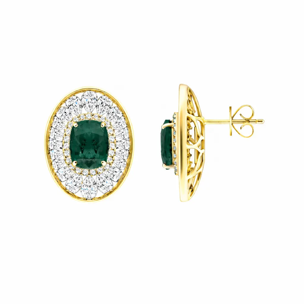 Semi-Precious Emerald Double Halo Stud Earrings