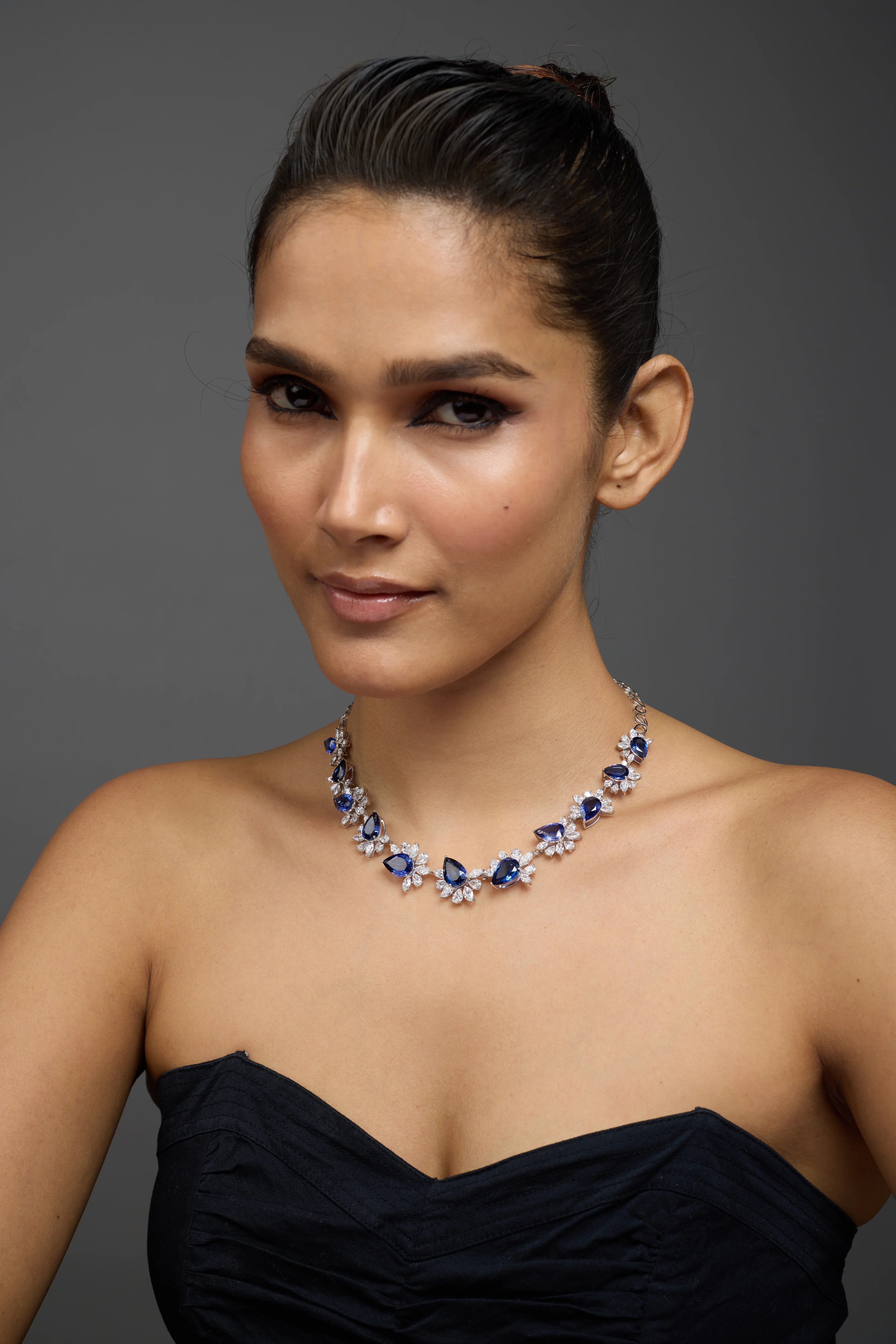 SemiPrecious Sapphire Pear Burst Half Tennis Necklace