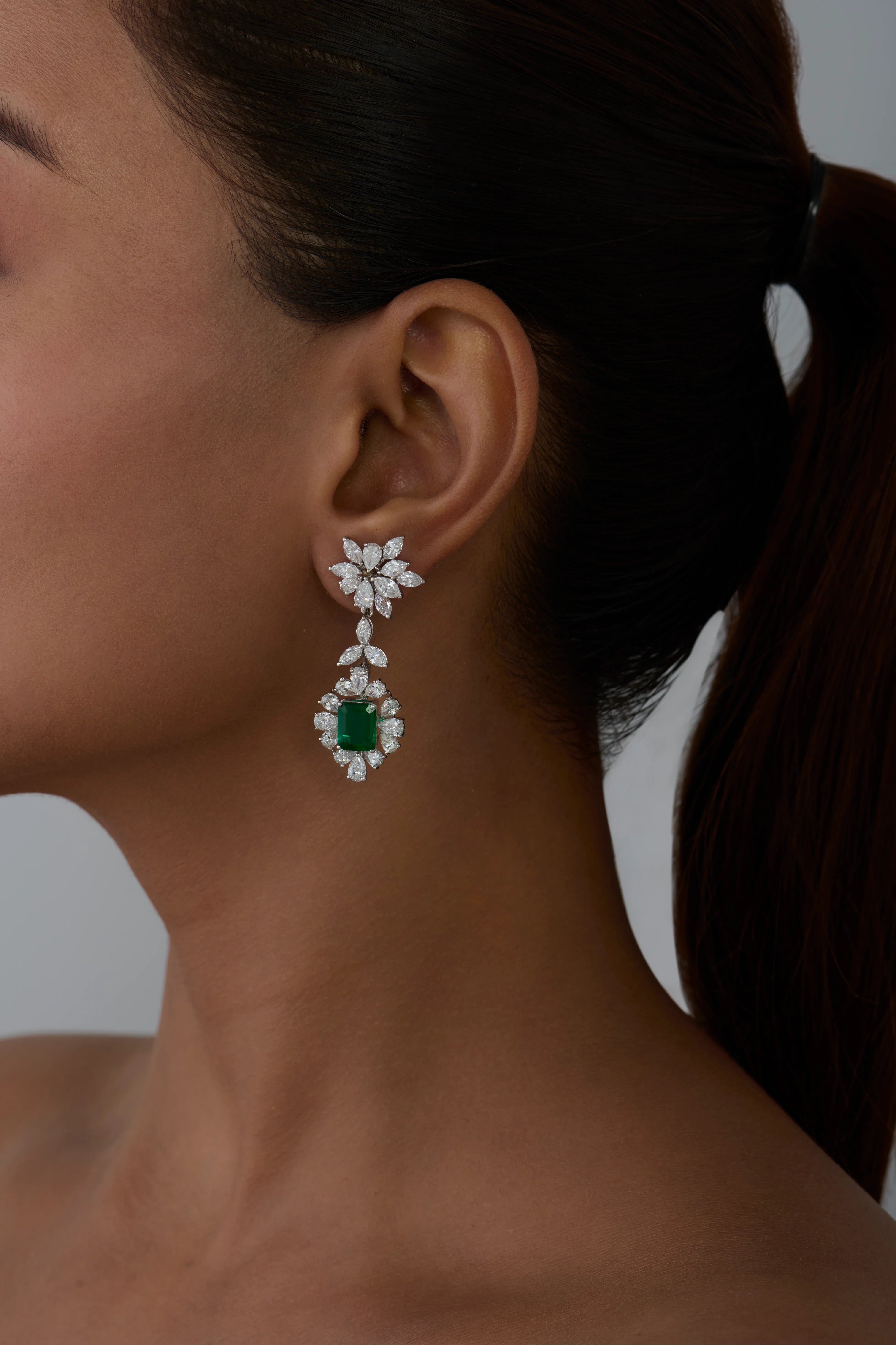 SemiPrecious Emerald Halo Floral Drop Earrings