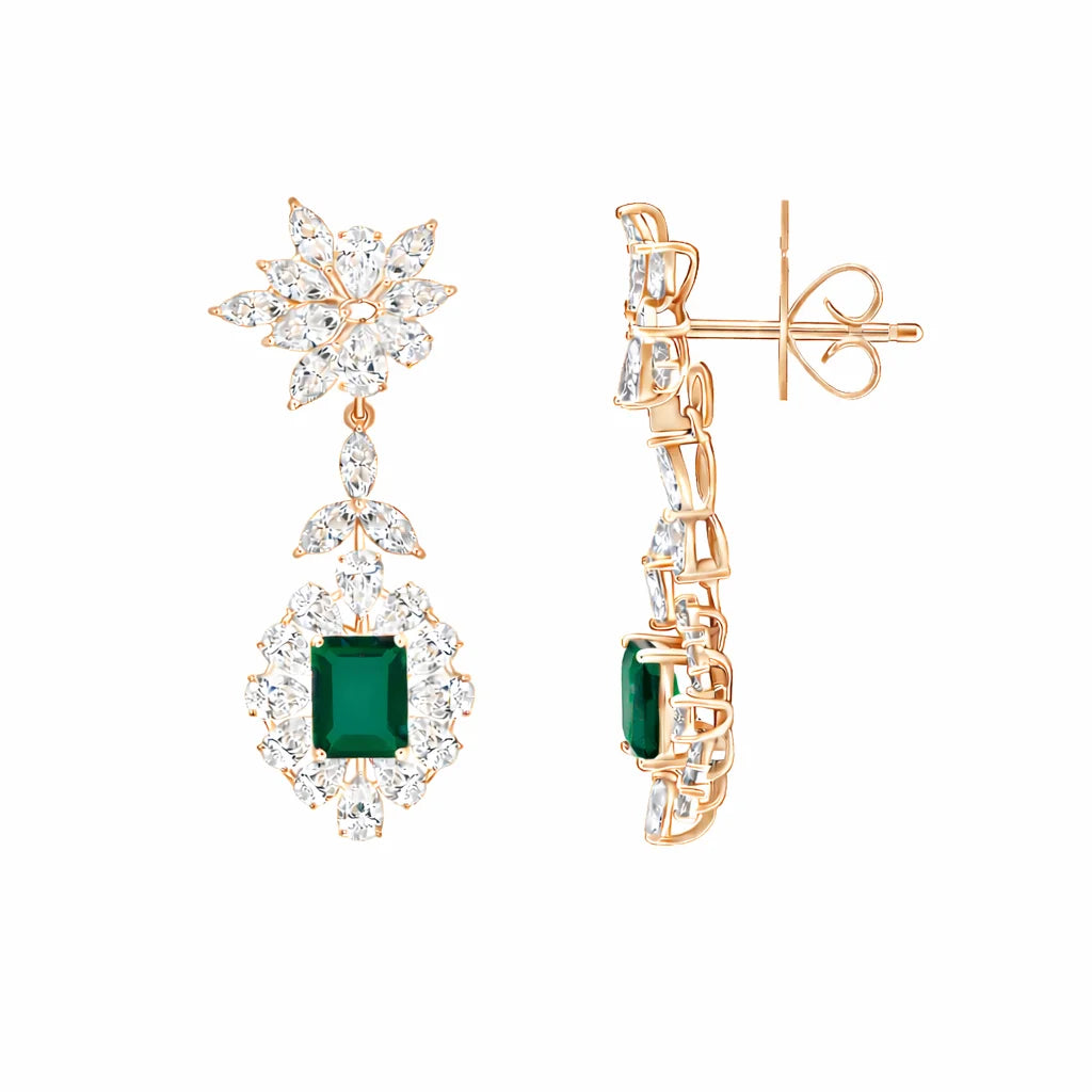 Semi-Precious Emerald Halo Floral Drop Earrings