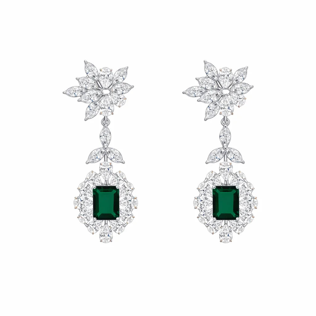 SemiPrecious Emerald Halo Floral Drop Earrings