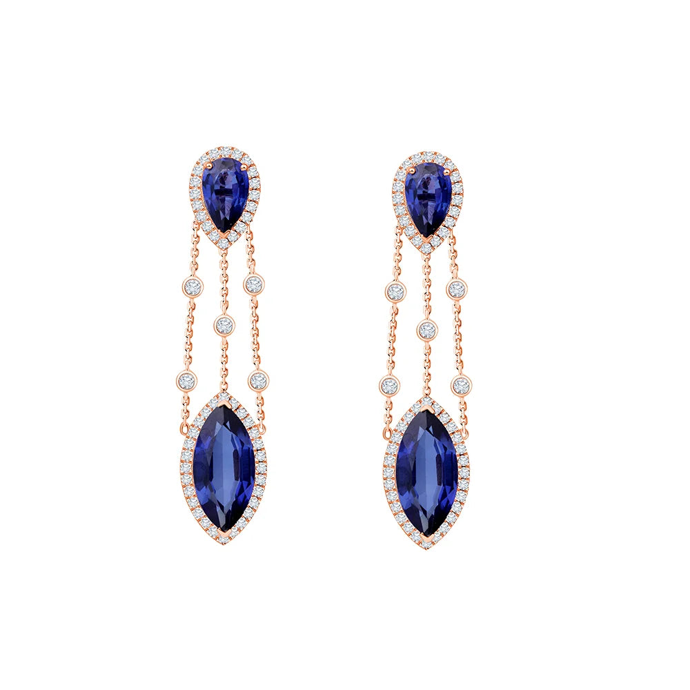 Semi-Precious Sapphire Pear & Marquise Halo Drop Earrings