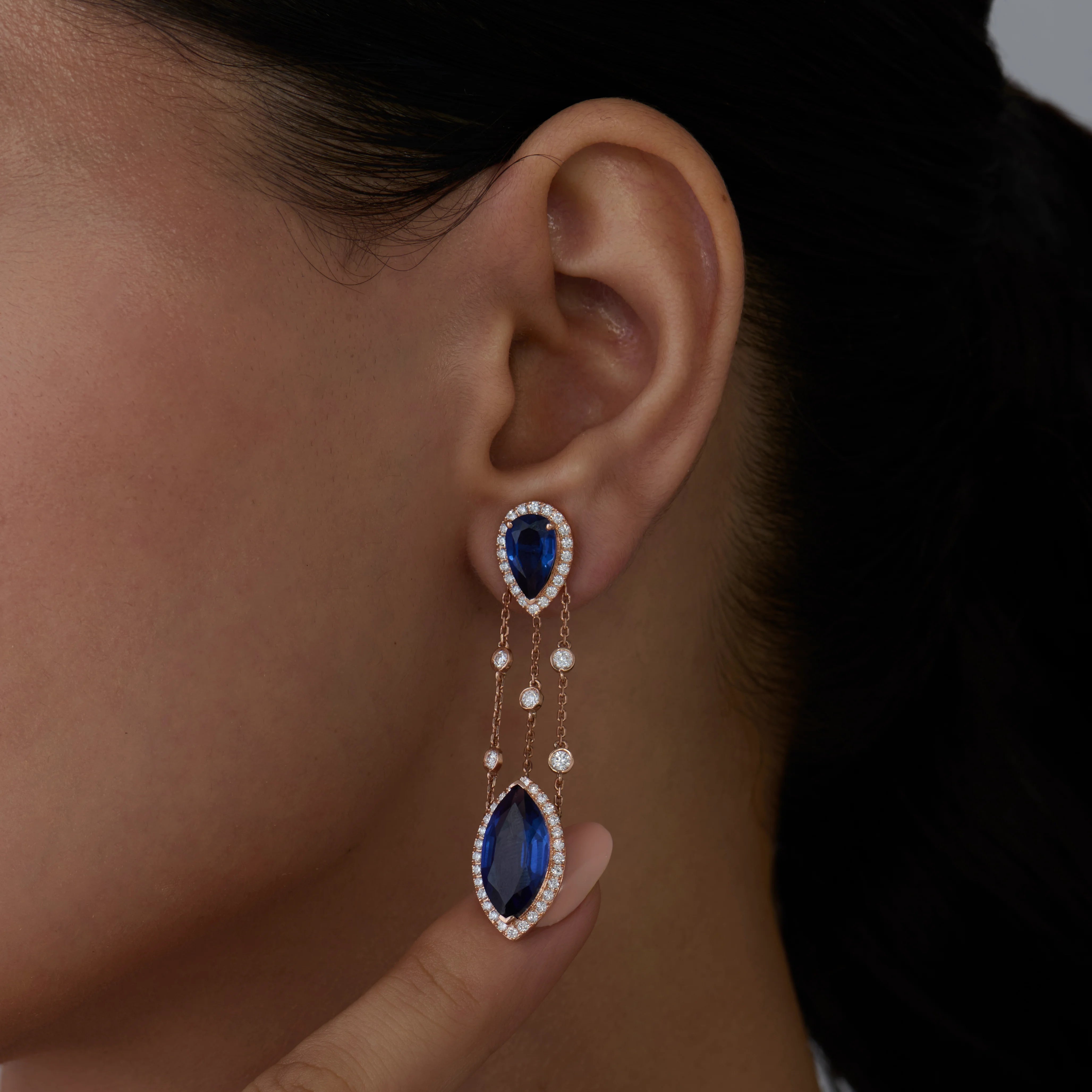 SemiPrecious Sapphire Pear Marquise Halo Drop Earrings