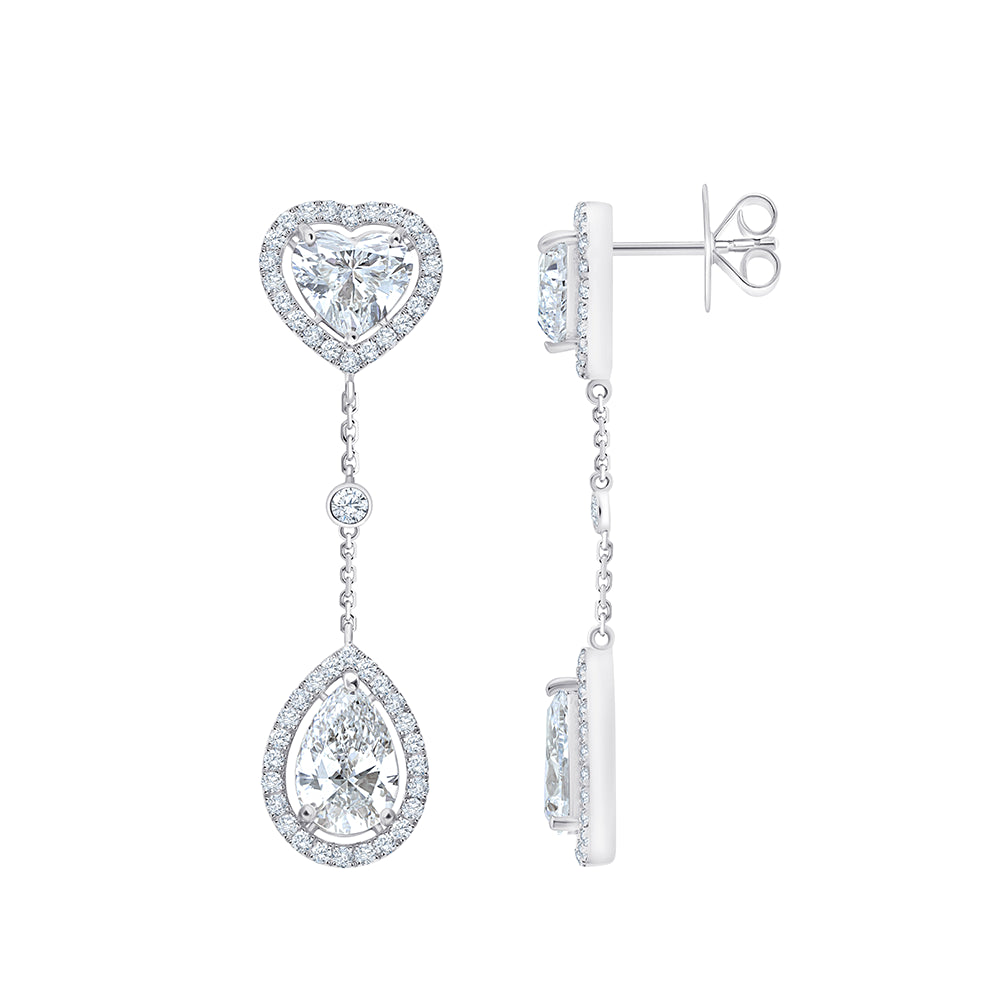 Pear and Heart Cut Halo Drop Earrings