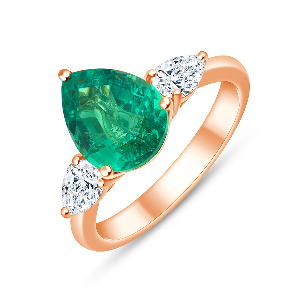 SemiPrecious Emerald Diamond Three Stone Ring