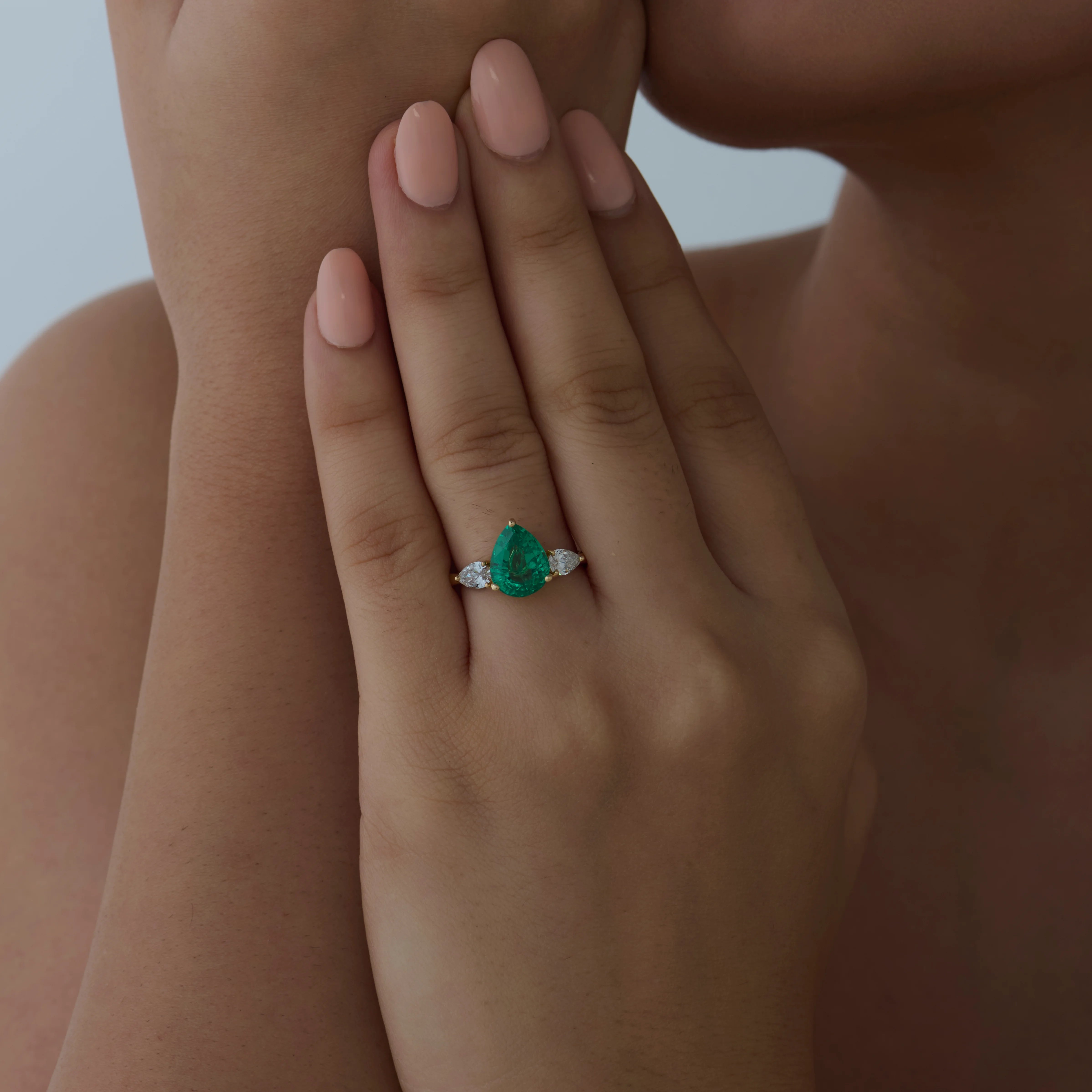SemiPrecious Emerald Diamond Three Stone Ring