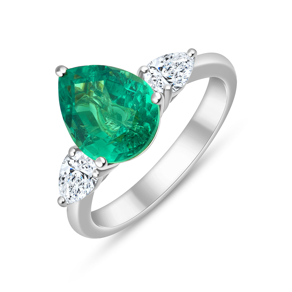 SemiPrecious Emerald Diamond Three Stone Ring