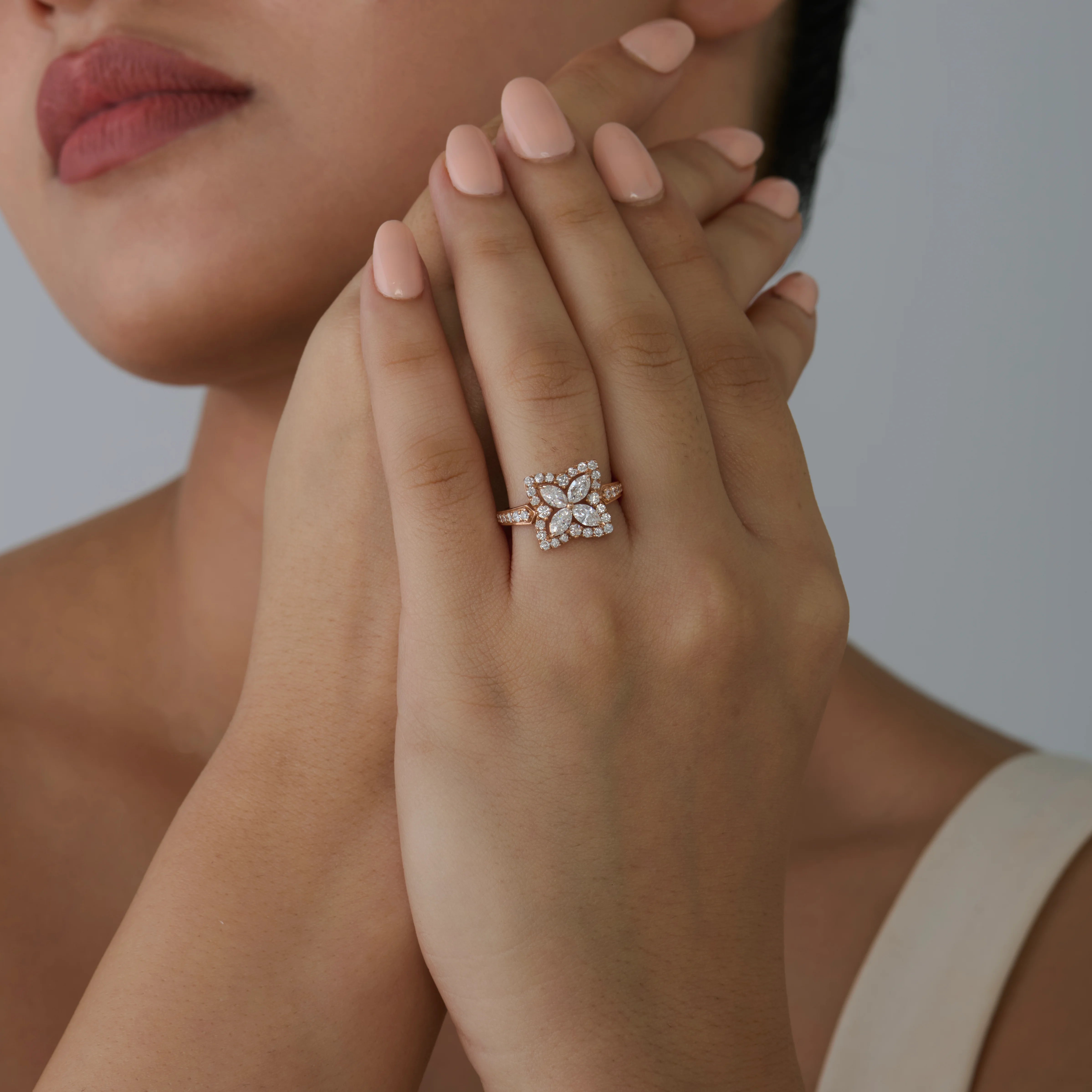 Clover Motif Halo Diamond Accent Ring