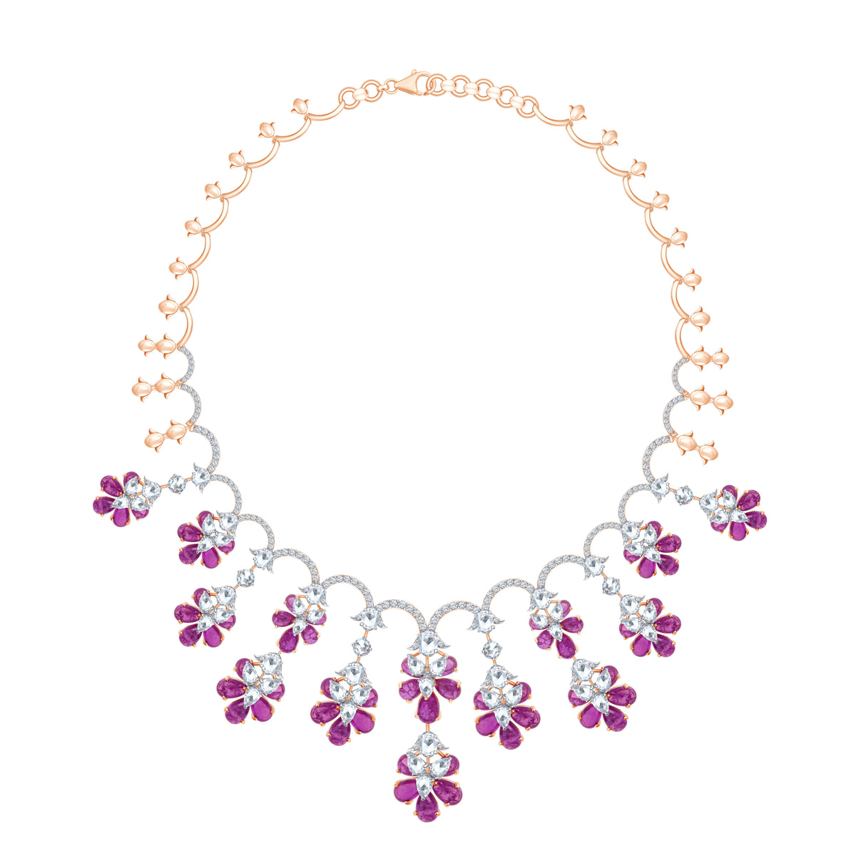 Mixed-Cut Floral Fringe Pink Necklace