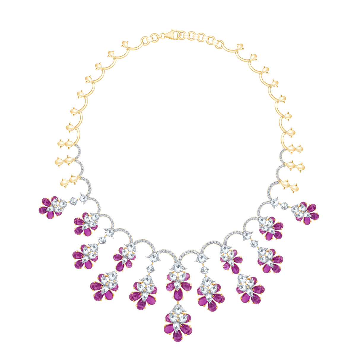 Mixed-Cut Floral Fringe Pink Necklace