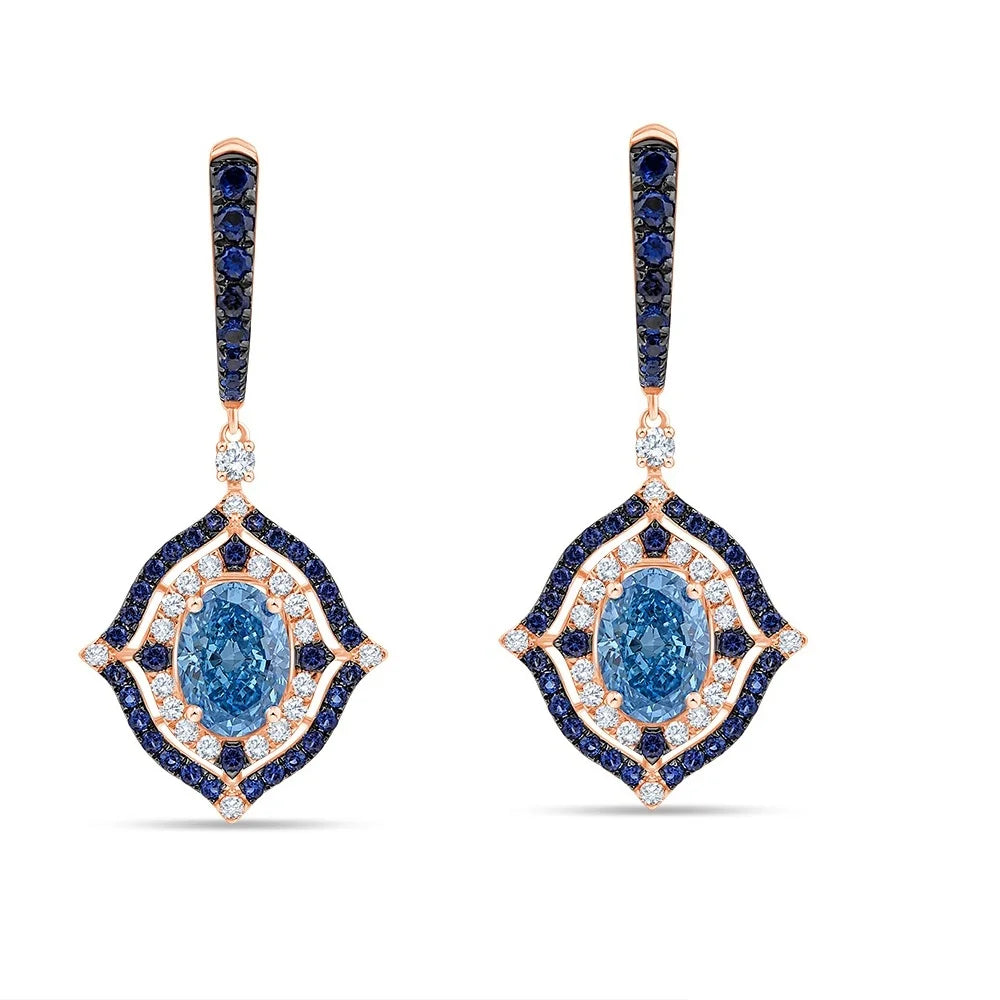 Oval Cut Sapphire Halo Drop Earrings