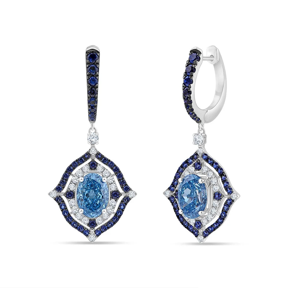 Oval Cut Sapphire Halo Drop Earrings