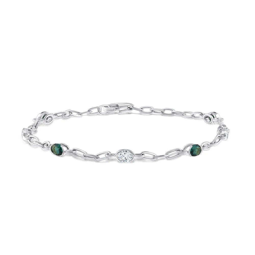 Oval Cut Diamond and SemiPrecious Emerald Station Bracelet