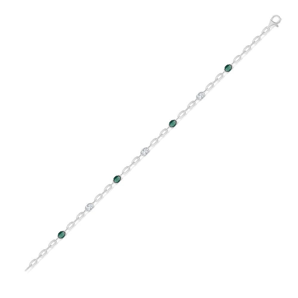 Oval Cut Diamond and SemiPrecious Emerald Station Bracelet