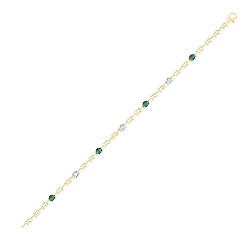 Oval Cut Diamond and SemiPrecious Emerald Station Bracelet