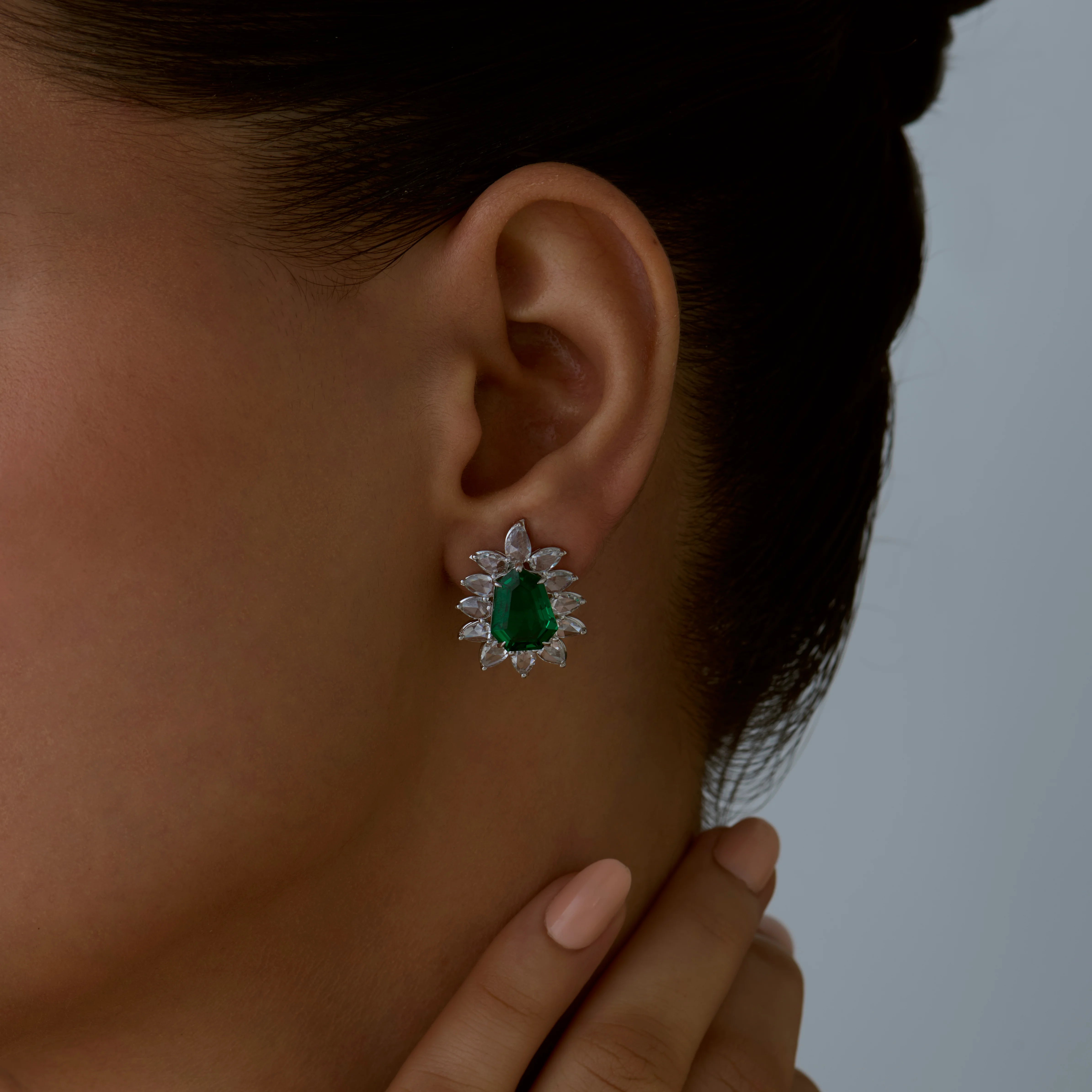 SemiPrecious Emerald Floral Stud Earrings