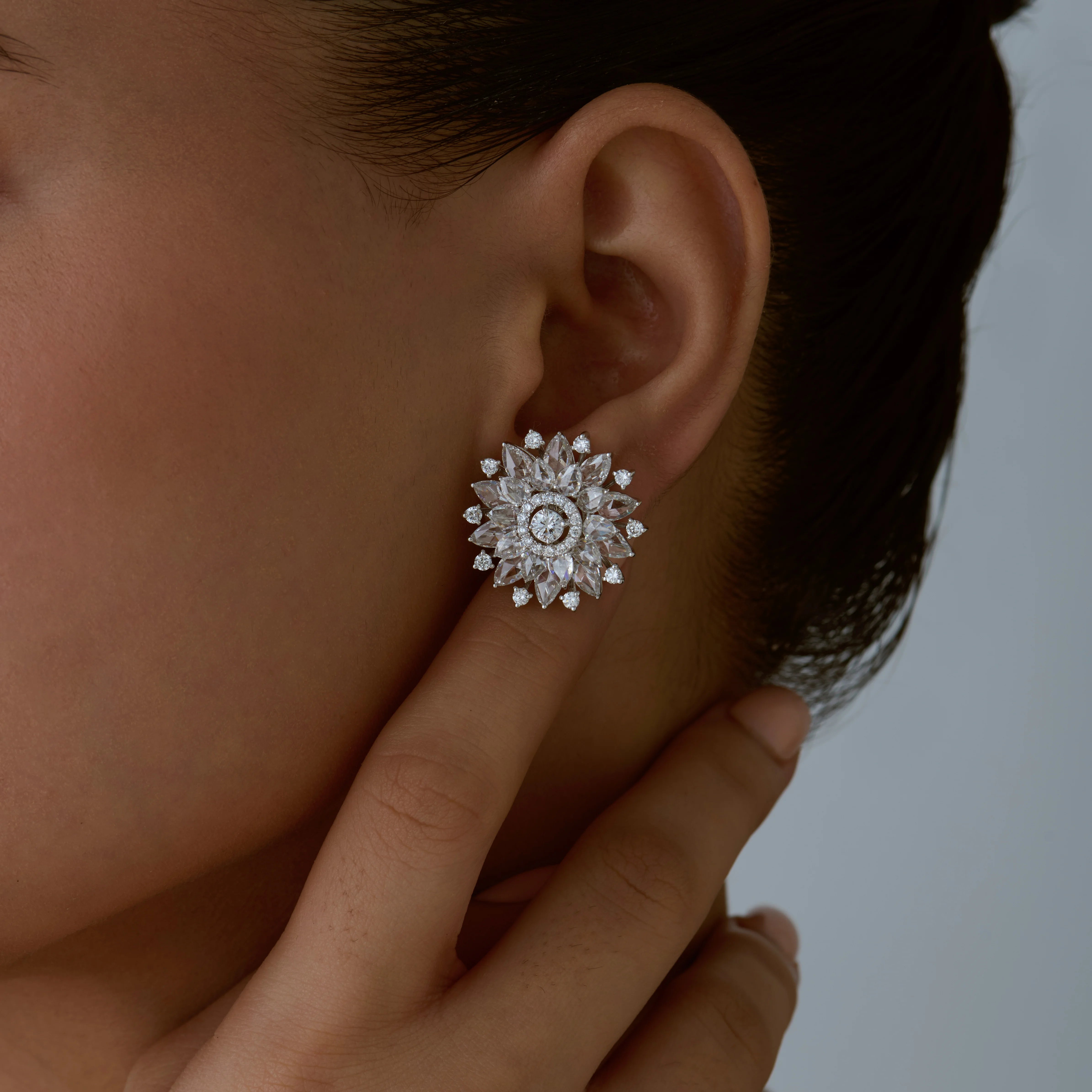 Mixed Cut Halo Floral Stud Earrings 
