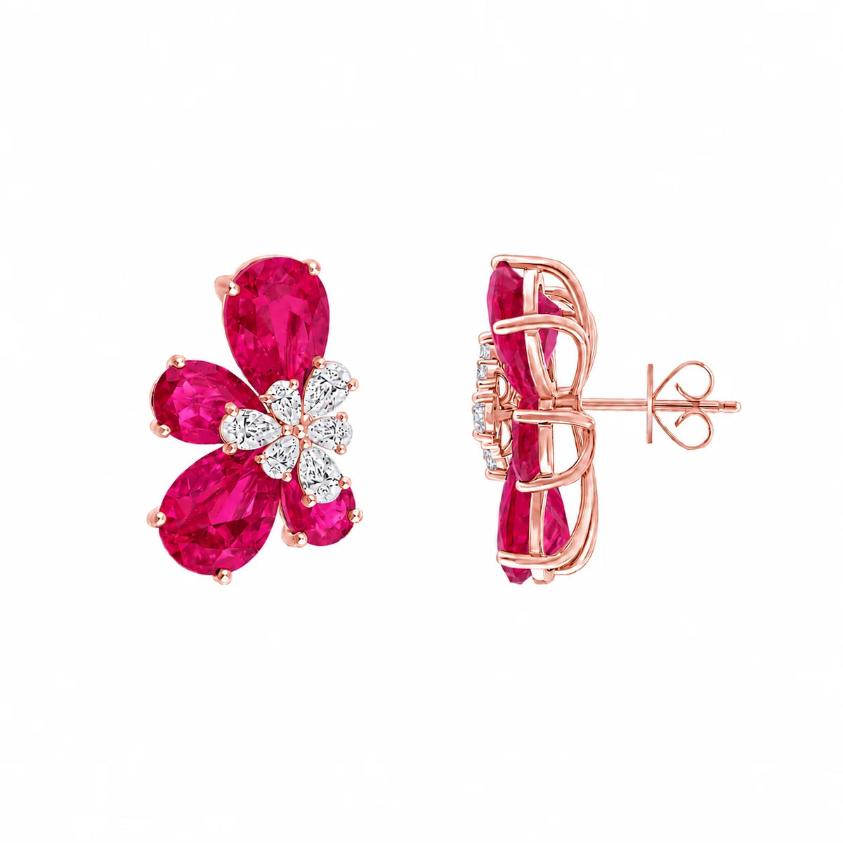 Pear Cut Floral Red Stone Stud Earrings