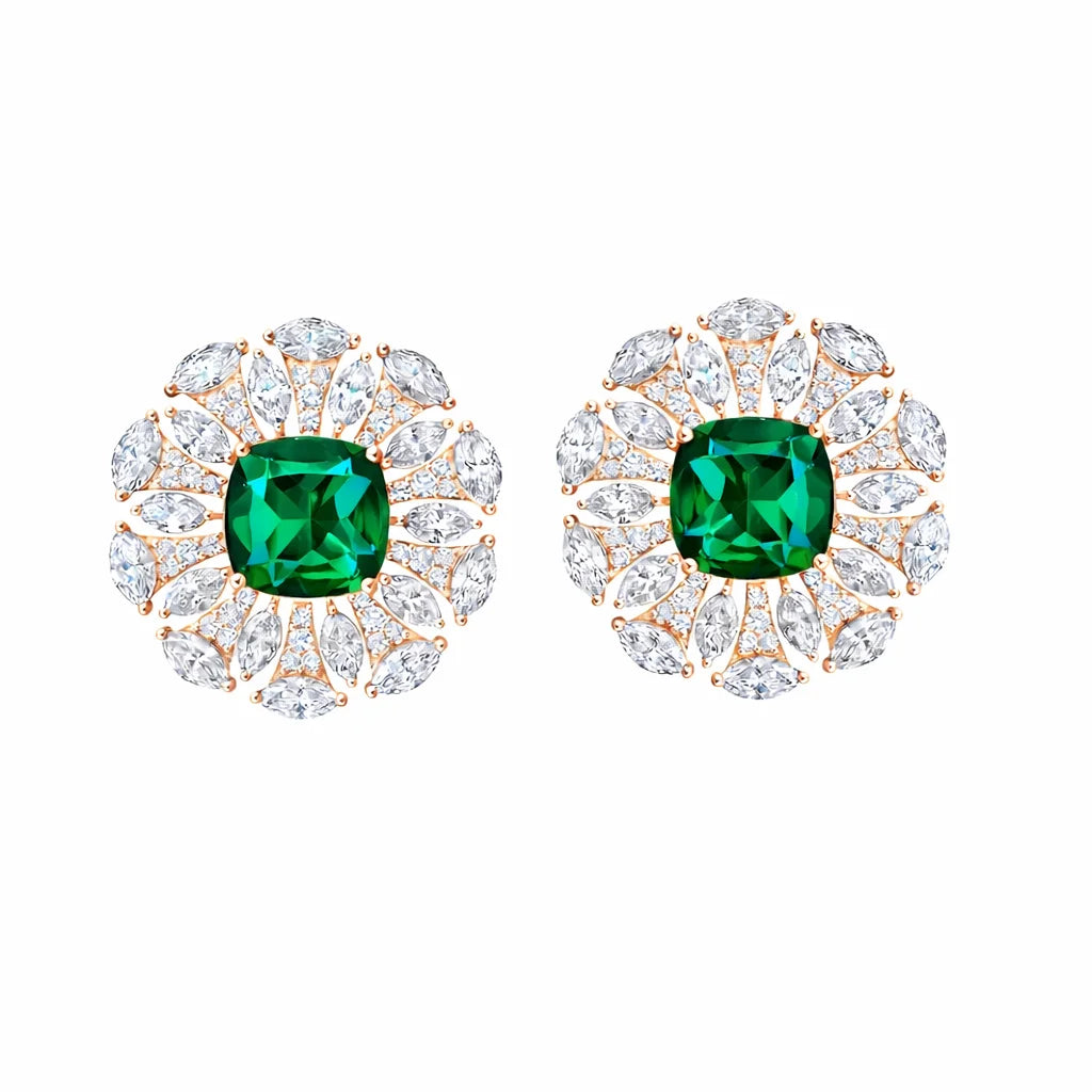 Semi-Precious Cushion Cut Emerald Floral Burst Stud Earrings