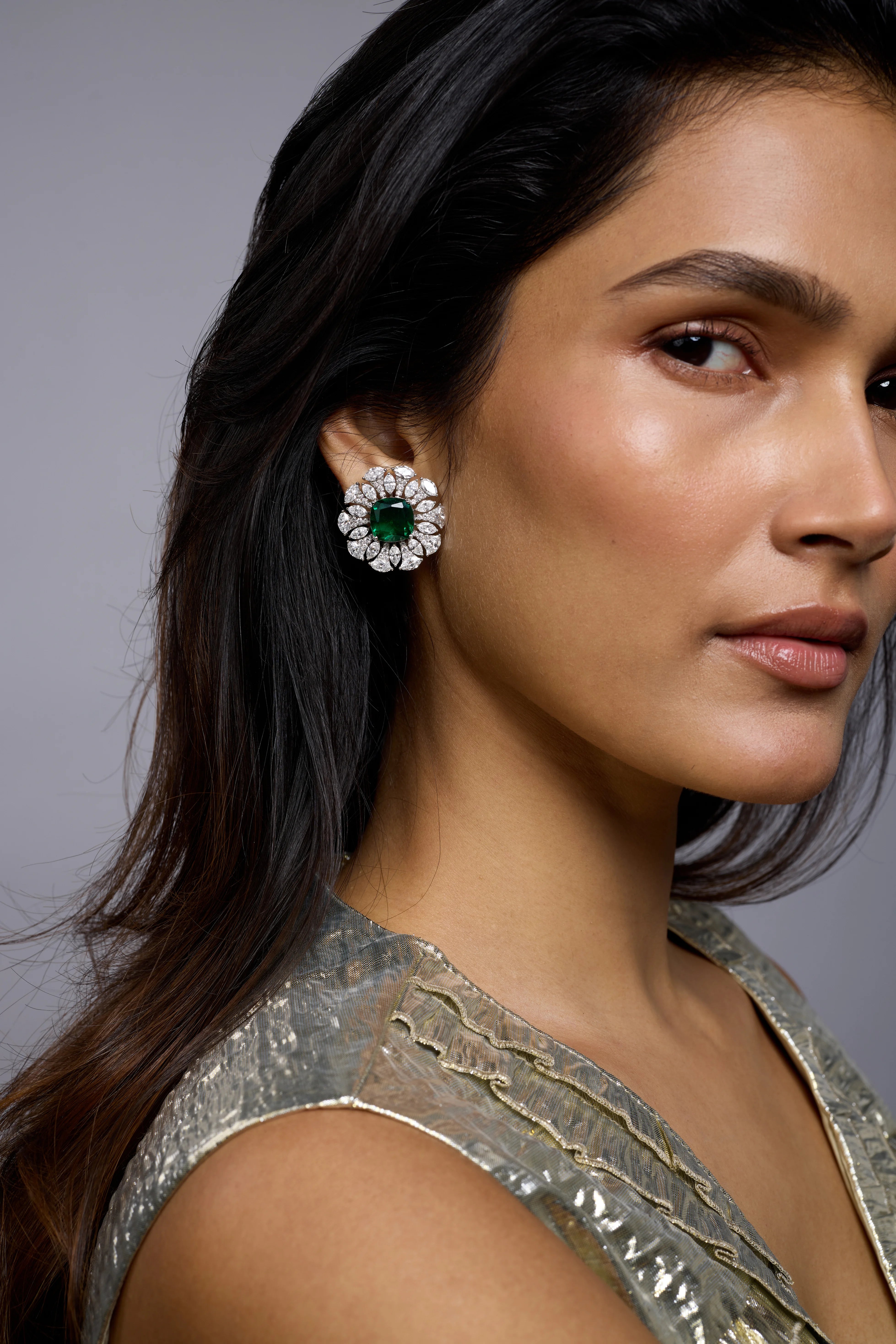 Semi-Precious Cushion Cut Emerald Floral Burst Stud Earrings