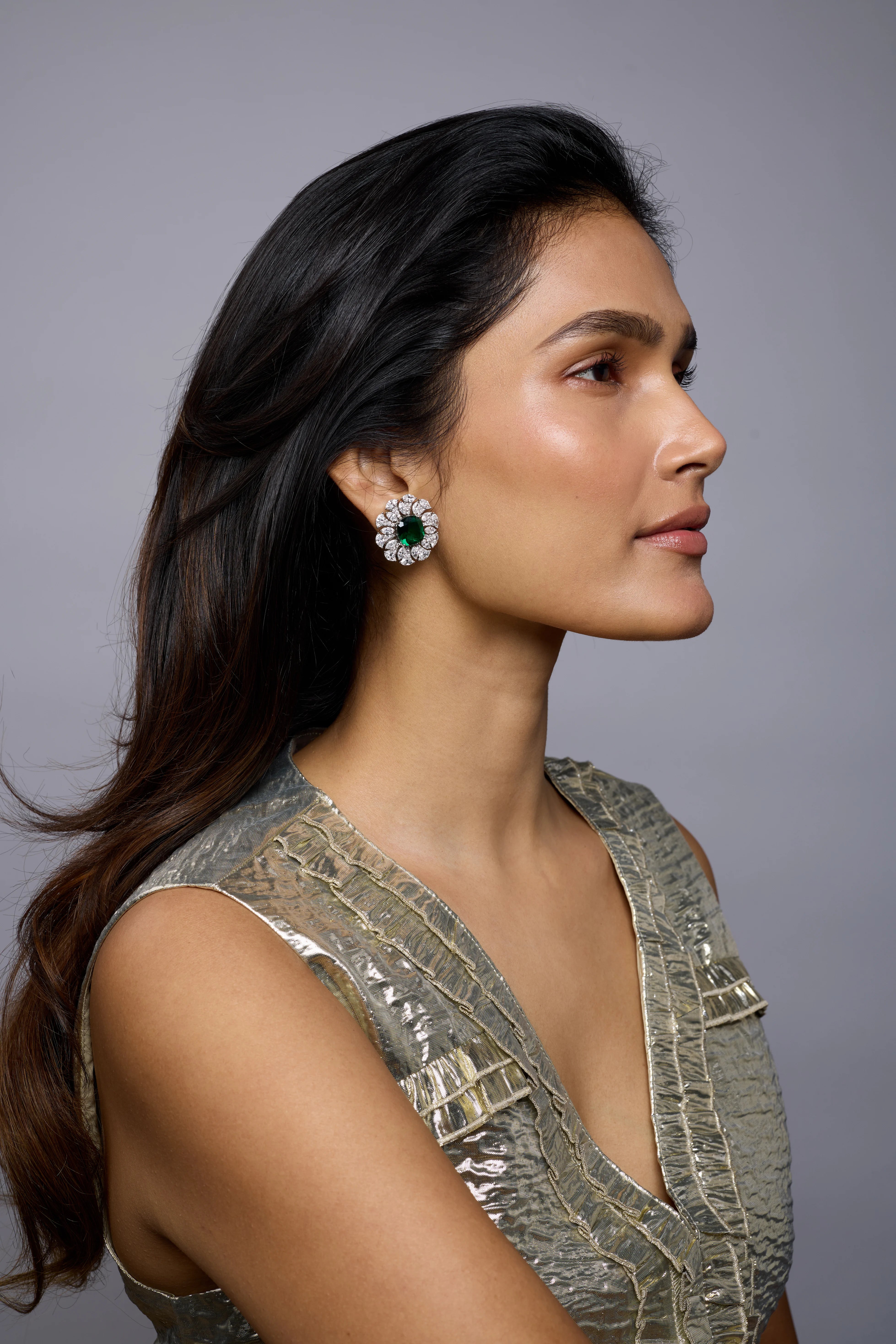 Semi-Precious Cushion Cut Emerald Floral Burst Stud Earrings