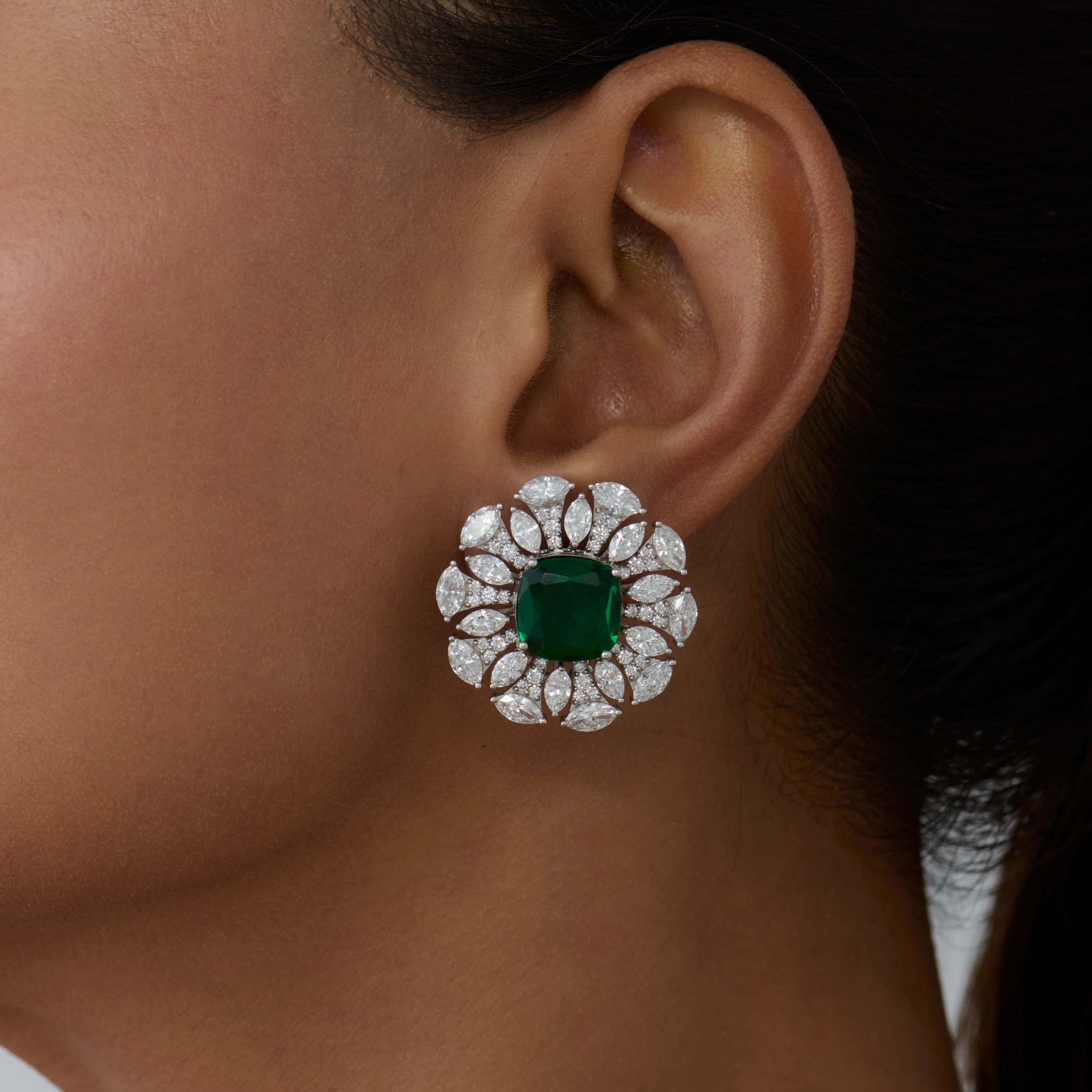 Semi-Precious Cushion Cut Emerald Floral Burst Stud Earrings
