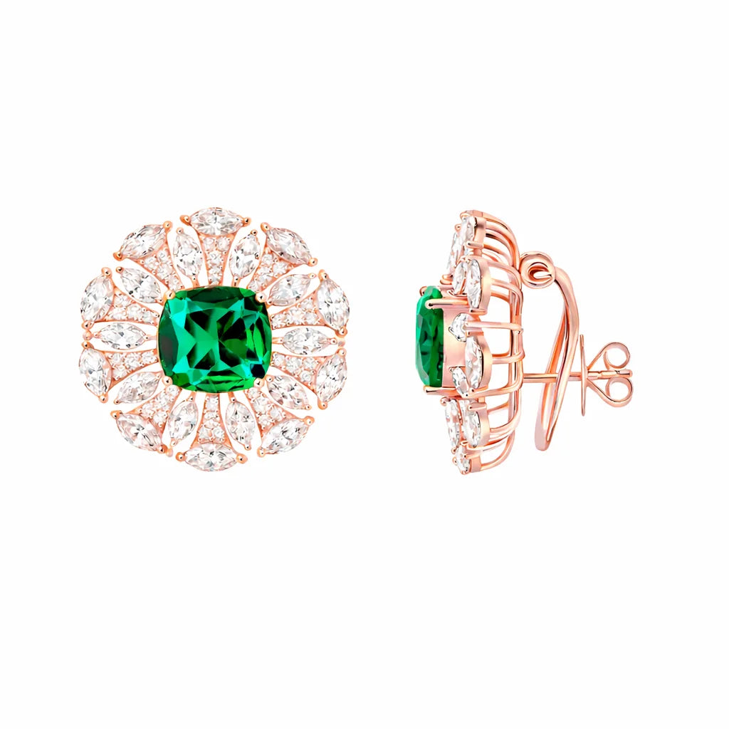 Semi-Precious Cushion Cut Emerald Floral Burst Stud Earrings